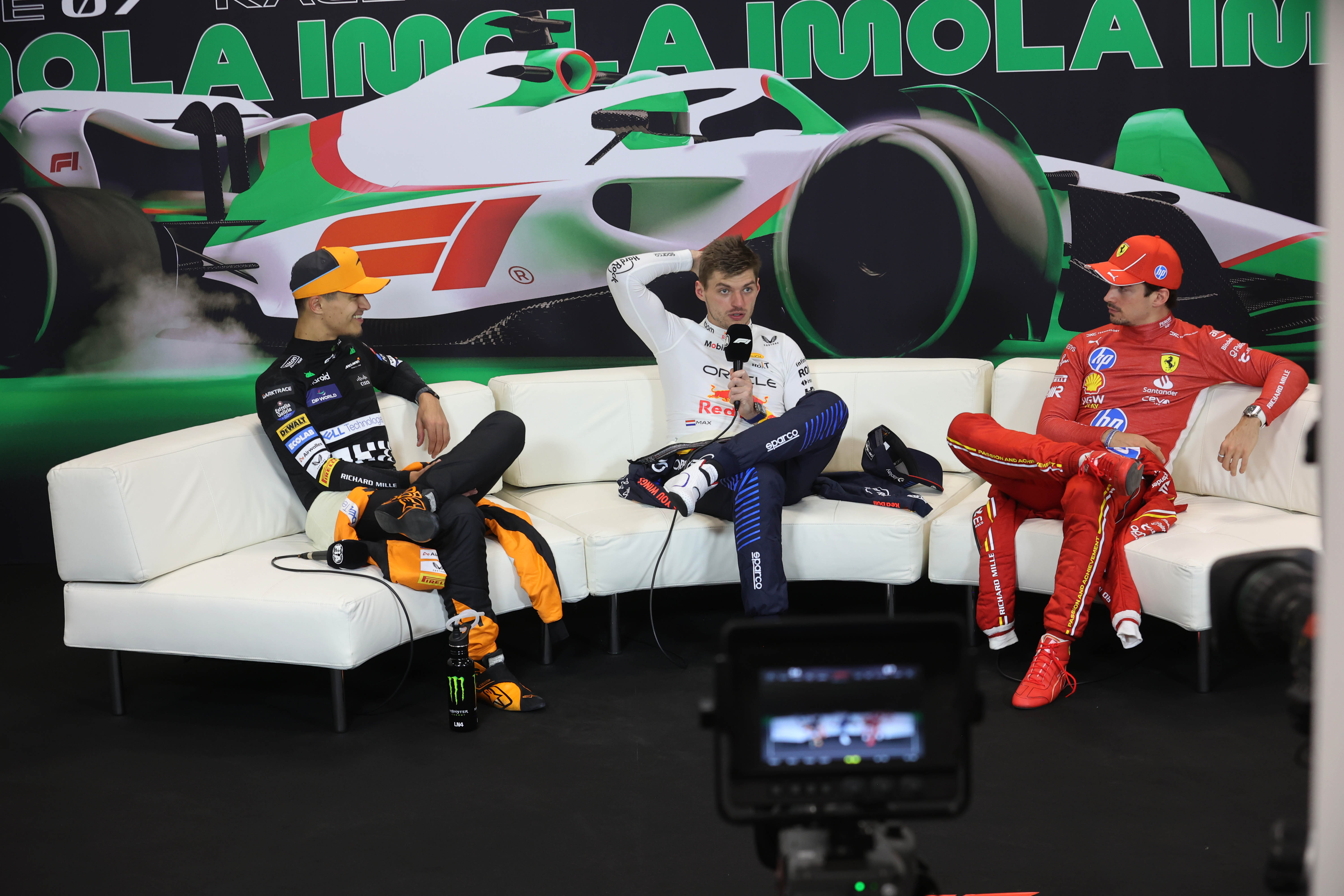 Read the full transcript of the 2024 Emilia-Romagna Grand Prix post-race press conference featuring drivers Lando Norris, Max Verstappen, and Charles Leclerc discussing their performance, challenges, and thoughts on the race.